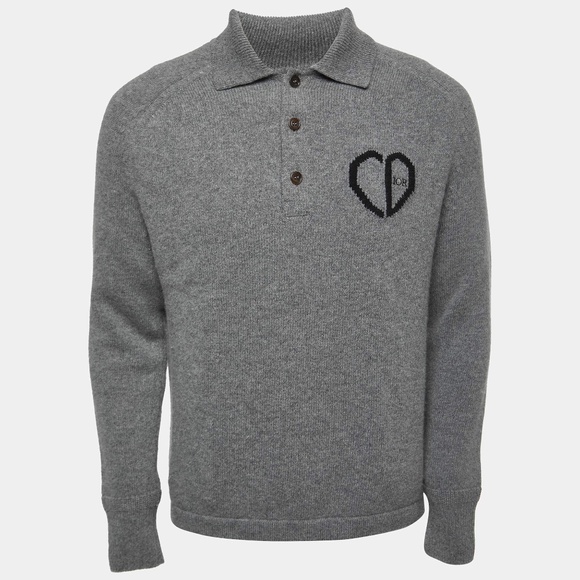 Dior Grey Wool Blend Polo Shirt Size L – Logo Embroidered Long Sleeve - Picture 1 of 3